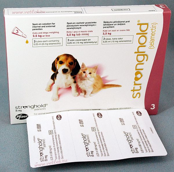 Стронгхолд 15 мг для собак и кошек массой до 2,5 кг, уп. 3 пипетки по 0,25 мл